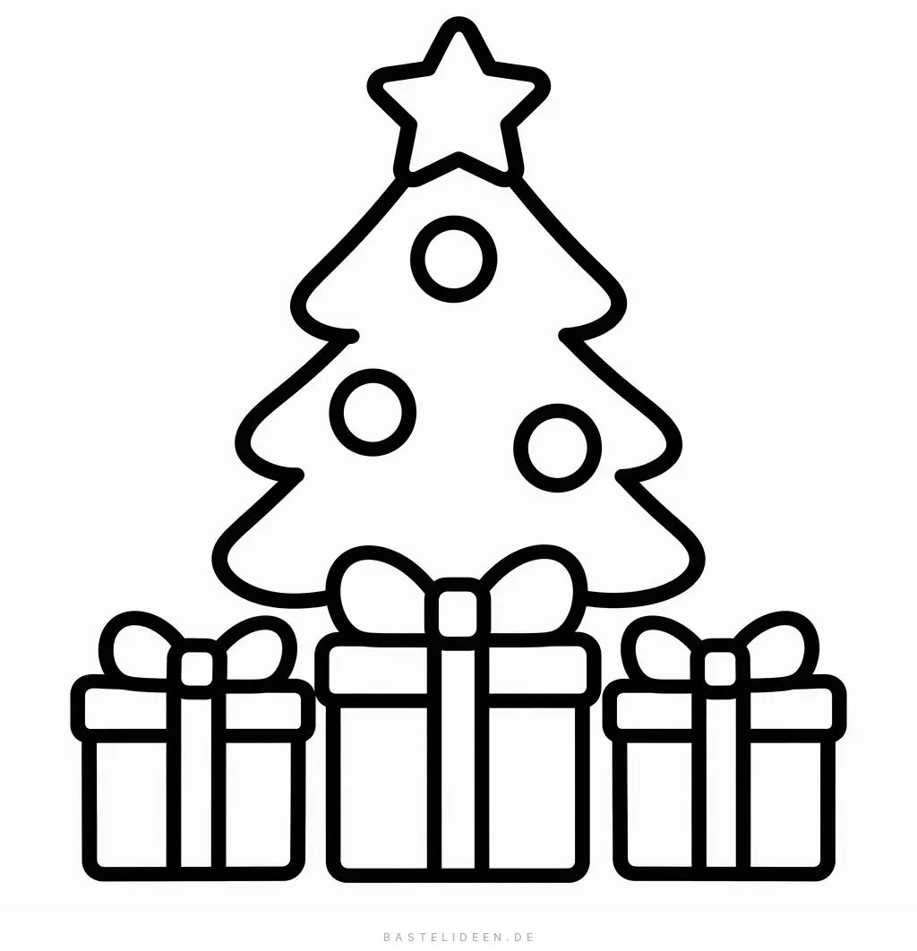 Kleiner Weihnachtsbaum mit drei großen Geschenken davor