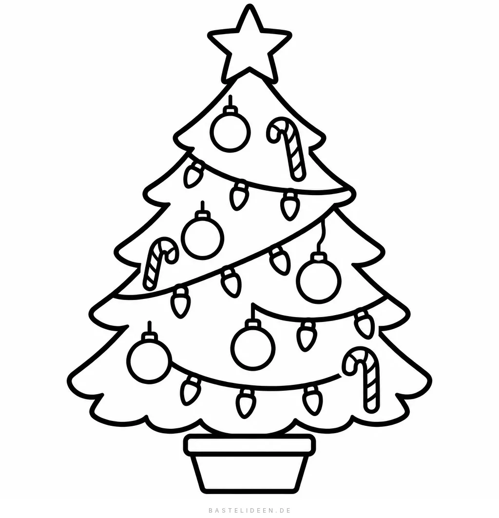 Weihnachtsbaum mit Lichterkette, Kugeln, Zuckerstangen und Stern im Topf