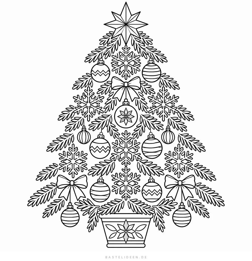 Weihnachtsbaum aus Tannenzweigen, Schneeflocken und gemusterten Kugeln im Topf