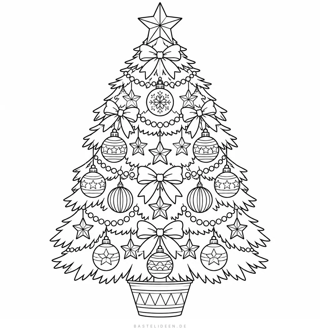Detaillierter Weihnachtsbaum mit gemusterten Kugeln, Schleifen, Sternen und Perlenketten