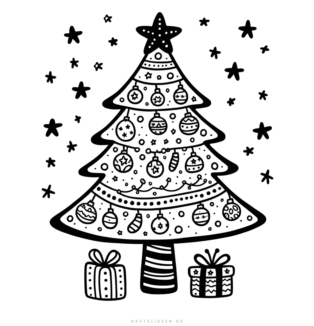 Weihnachtsbaum mit Kugeln, Stern und Geschenken