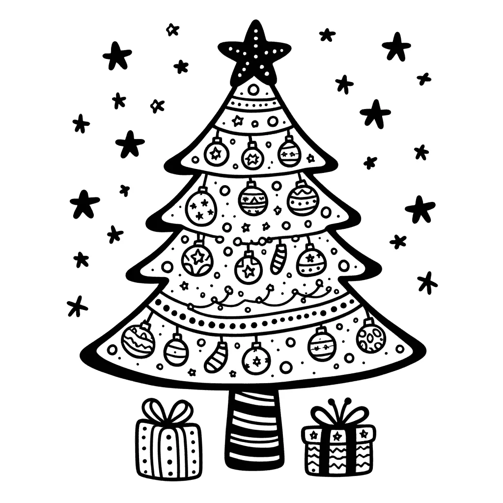 Weihnachtsbaum mit Kugeln, Stern und Geschenken