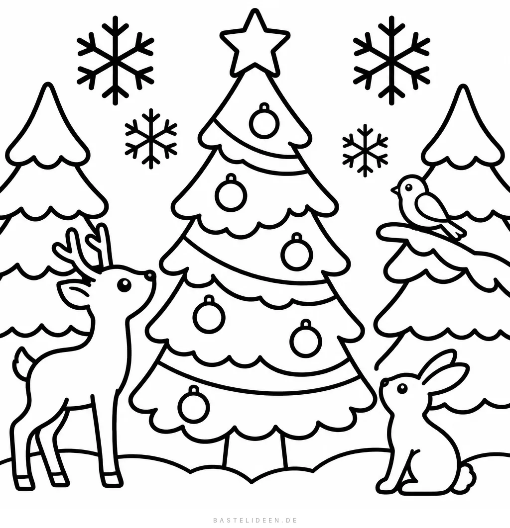Weihnachtsbaum im Winterwald, davor Reh, Hase und Vogel, darüber Schneeflocken