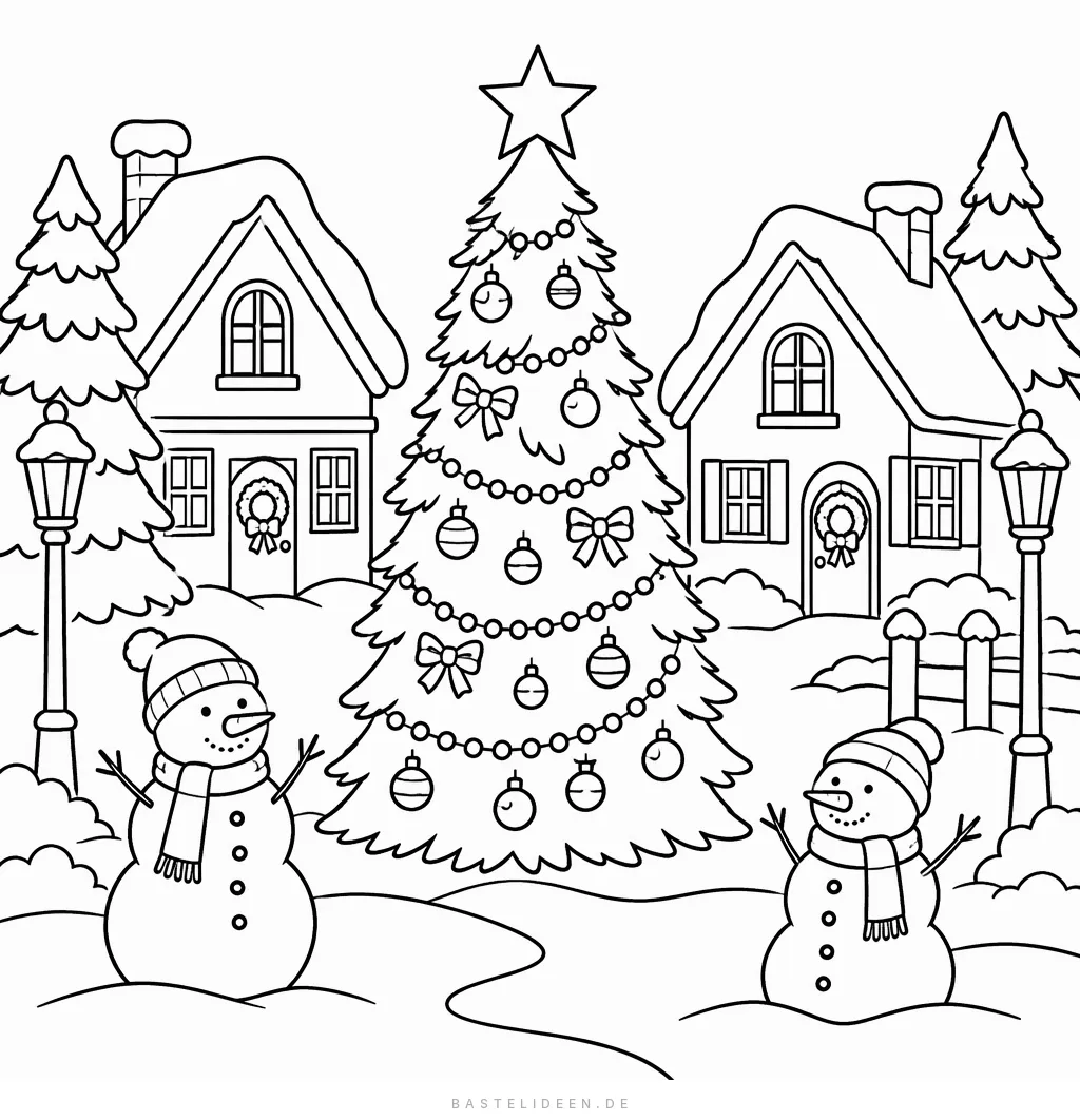 Winterliches Dorf mit Weihnachtsbaum und Schneemännern