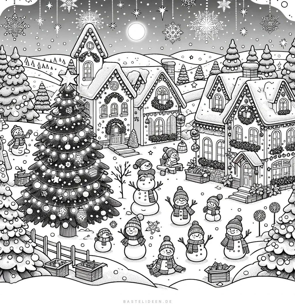 Winterliches Dorf mit Weihnachtsbaum und Schneemännern