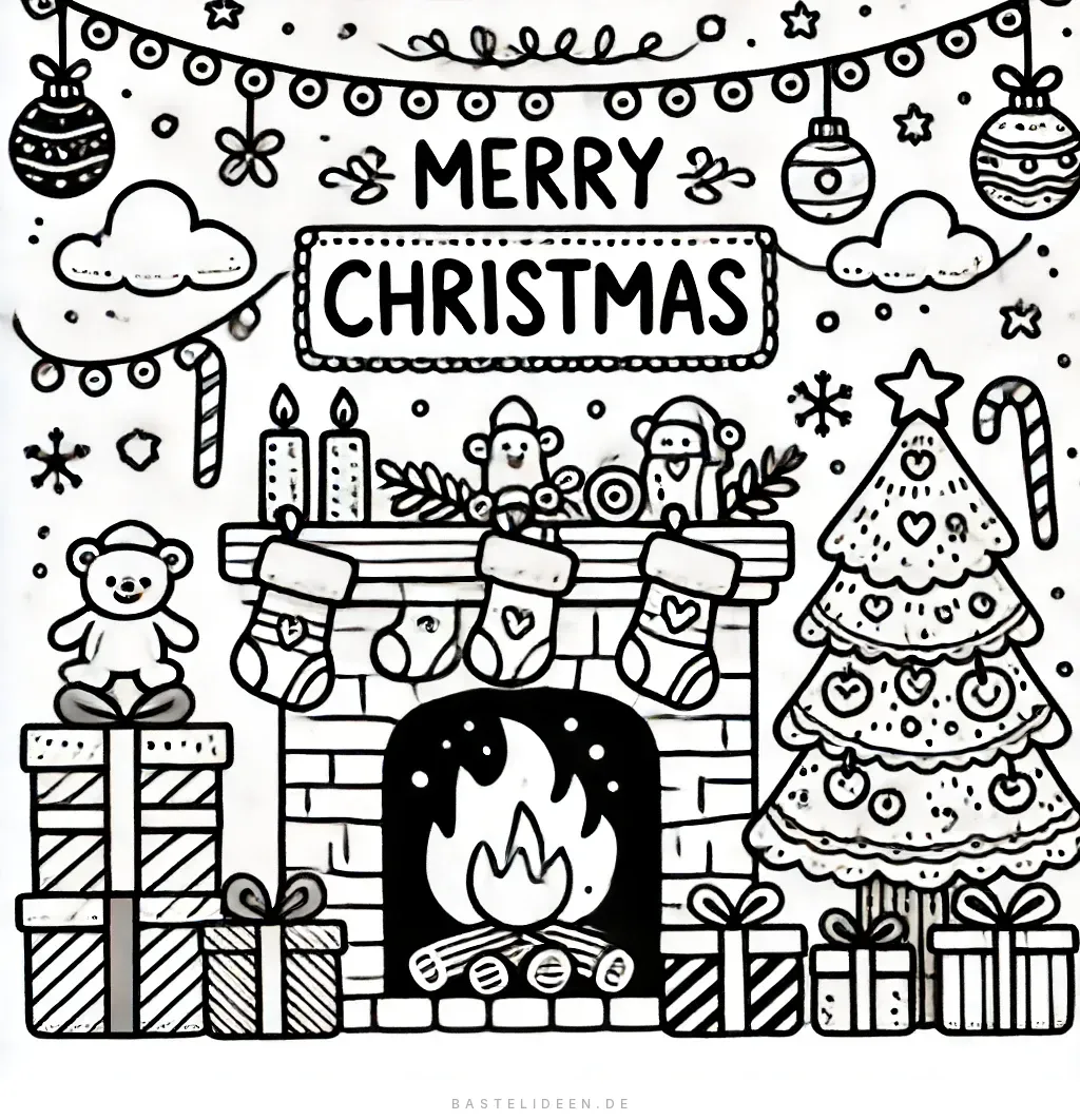 Gemütliches Weihnachtskamin Ausmalbild