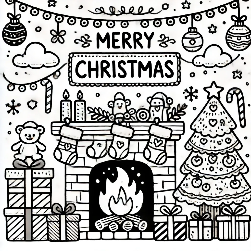 Gemütliches Weihnachtskamin Ausmalbild