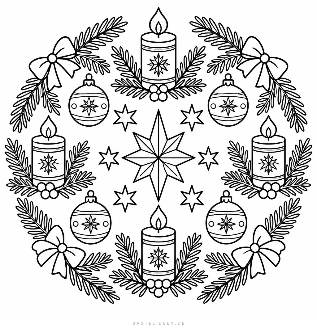 Rundes Weihnachtsmandala mit Kerzen, Sternen, Tannenzweigen und Christbaumkugeln