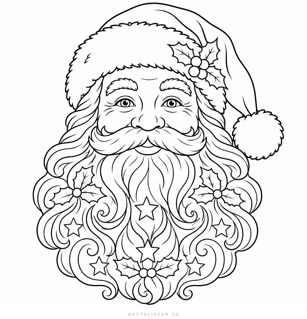 Porträt des Weihnachtsmanns mit lockigem Bart, Stechpalme und Sternen
