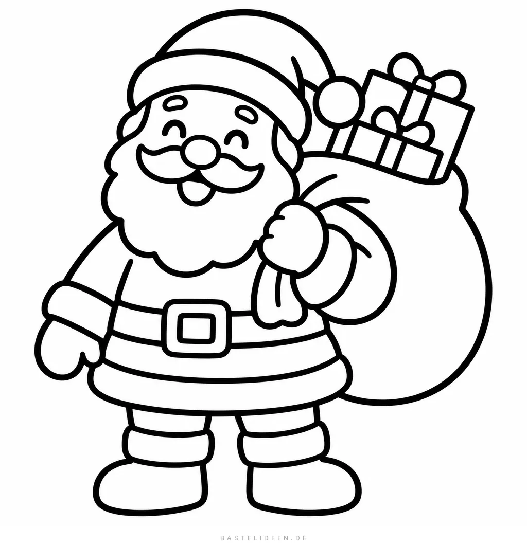 Fröhlicher Weihnachtsmann trägt einen Sack voller Geschenke über der Schulter