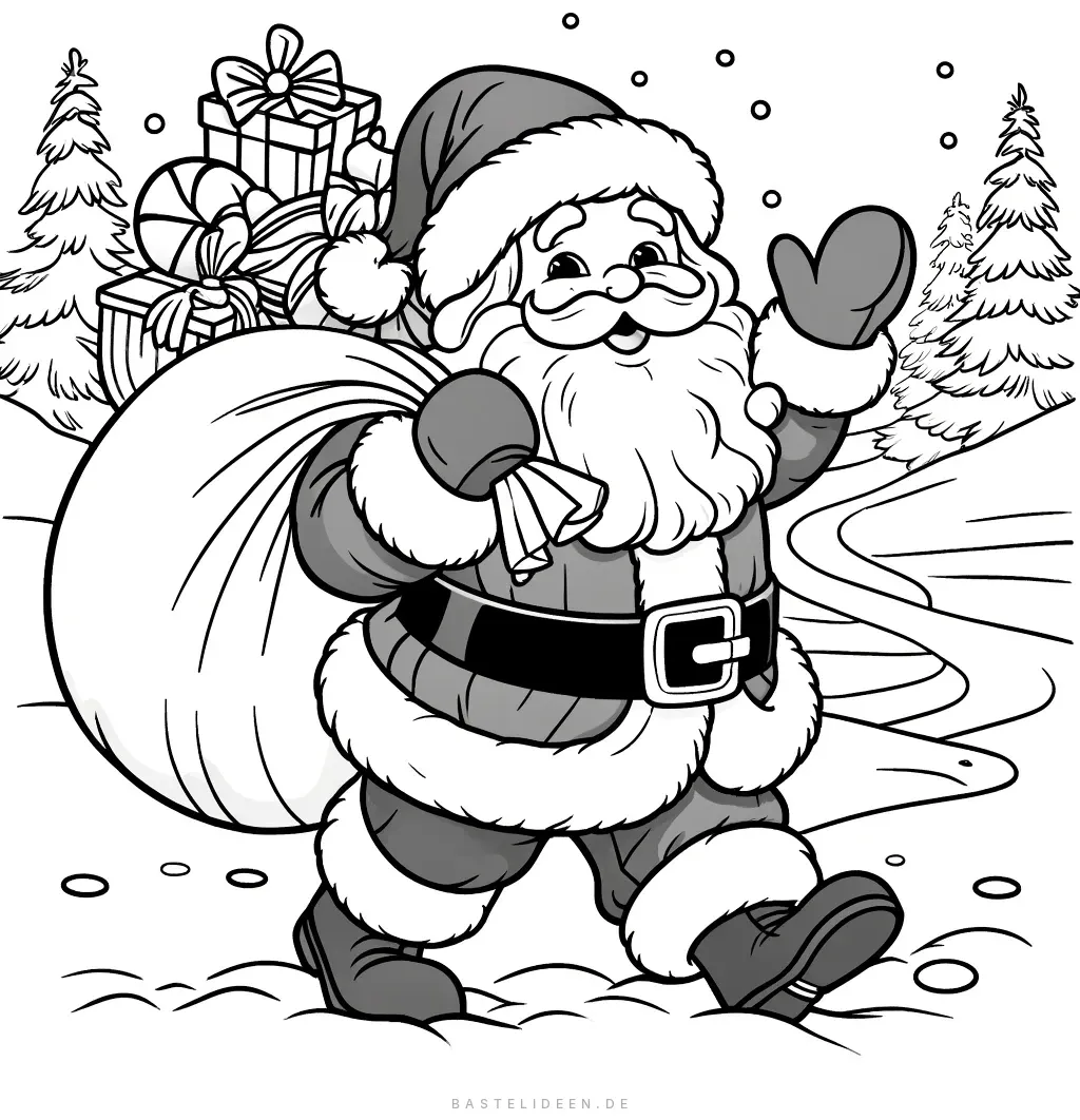 Weihnachtsmann winkt fröhlich mit grossem Geschenksack auf Schulter, verschneiter Tannenwald im Hintergrund