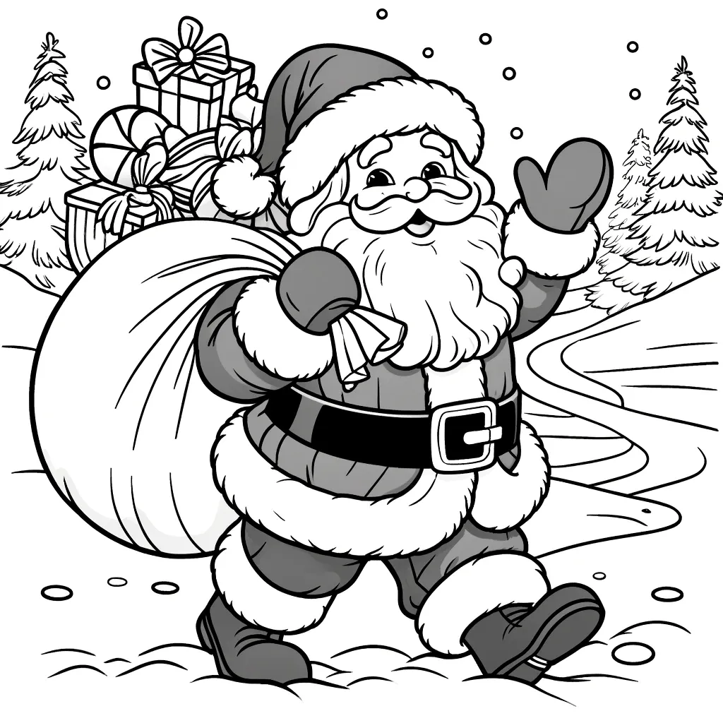 Weihnachtsmann winkt fröhlich mit grossem Geschenksack auf Schulter, verschneiter Tannenwald im Hintergrund