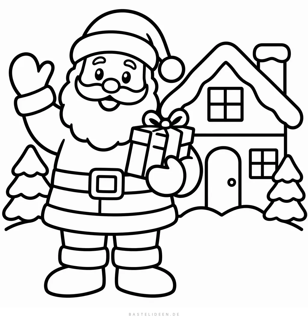 Winkender Weihnachtsmann mit Geschenk vor einem verschneiten Haus