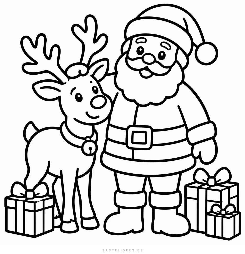 Weihnachtsmann steht neben einem Rentier mit Glöckchen, davor Geschenke