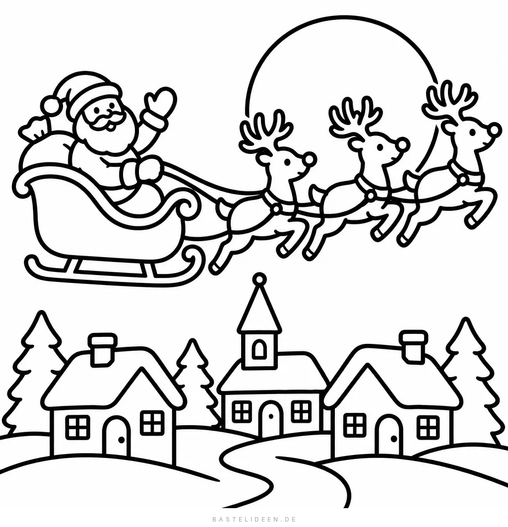 Weihnachtsmann im Rentierschlitten fliegt vor dem Mond über ein verschneites Dorf