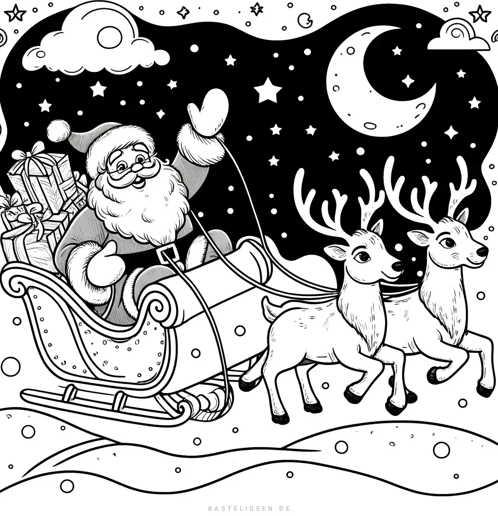 Weihnachtsmann winkt aus Schlitten voller Geschenke, zwei Rentiere ziehen unter Sternenhimmel mit Mond