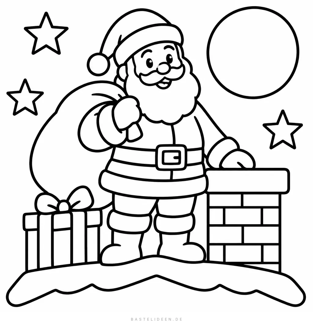 Weihnachtsmann steht neben Schornstein auf Dach, Geschenksack und Paket dabei, Sternenhimmel mit Mond