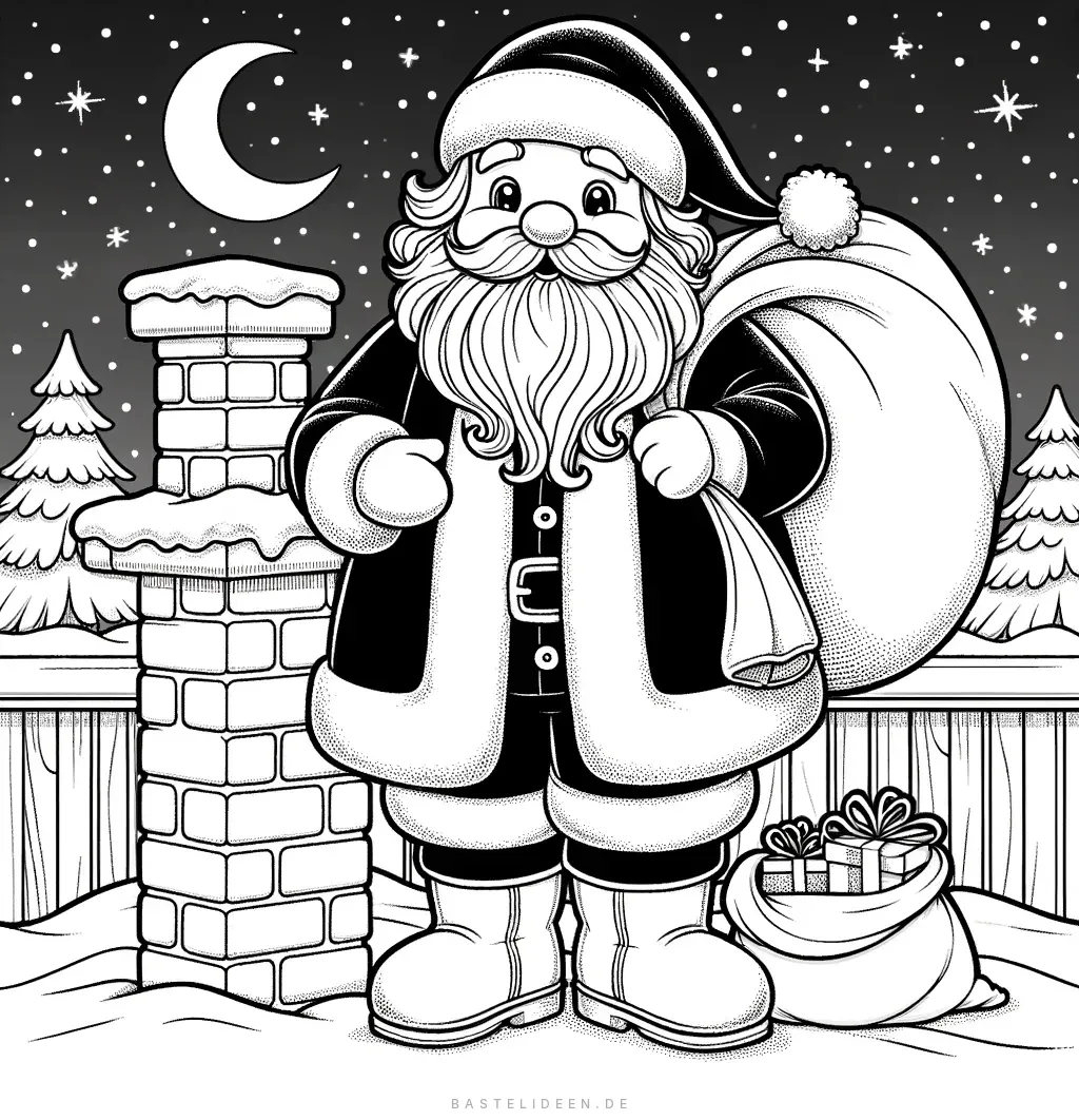 Weihnachtsmann steht neben Schornstein auf Dach, Geschenksack und Paket dabei, Sternenhimmel mit Mond