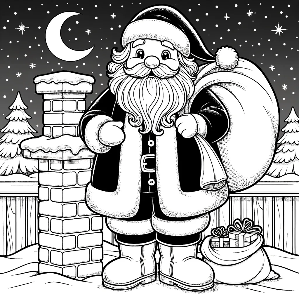 Weihnachtsmann steht neben Schornstein auf Dach, Geschenksack und Paket dabei, Sternenhimmel mit Mond