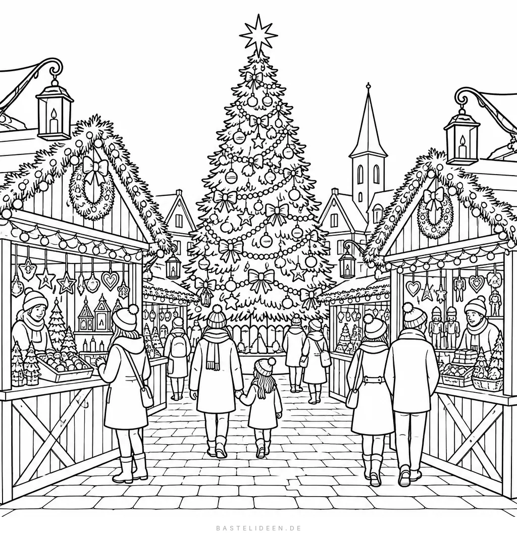 Weihnachtsmarkt mit Holzbuden, großem Weihnachtsbaum und Besuchern
