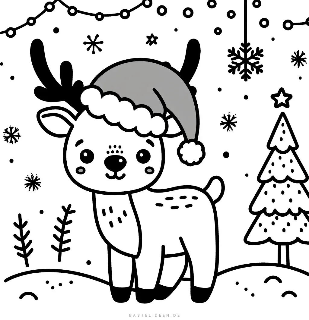 Rentier mit Weihnachtsmütze vor geschmücktem Baum