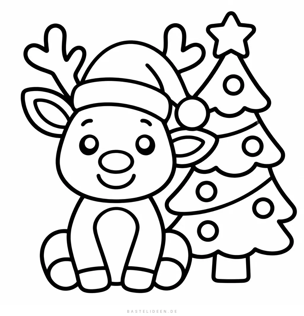 Rentier mit Weihnachtsmütze vor geschmücktem Baum