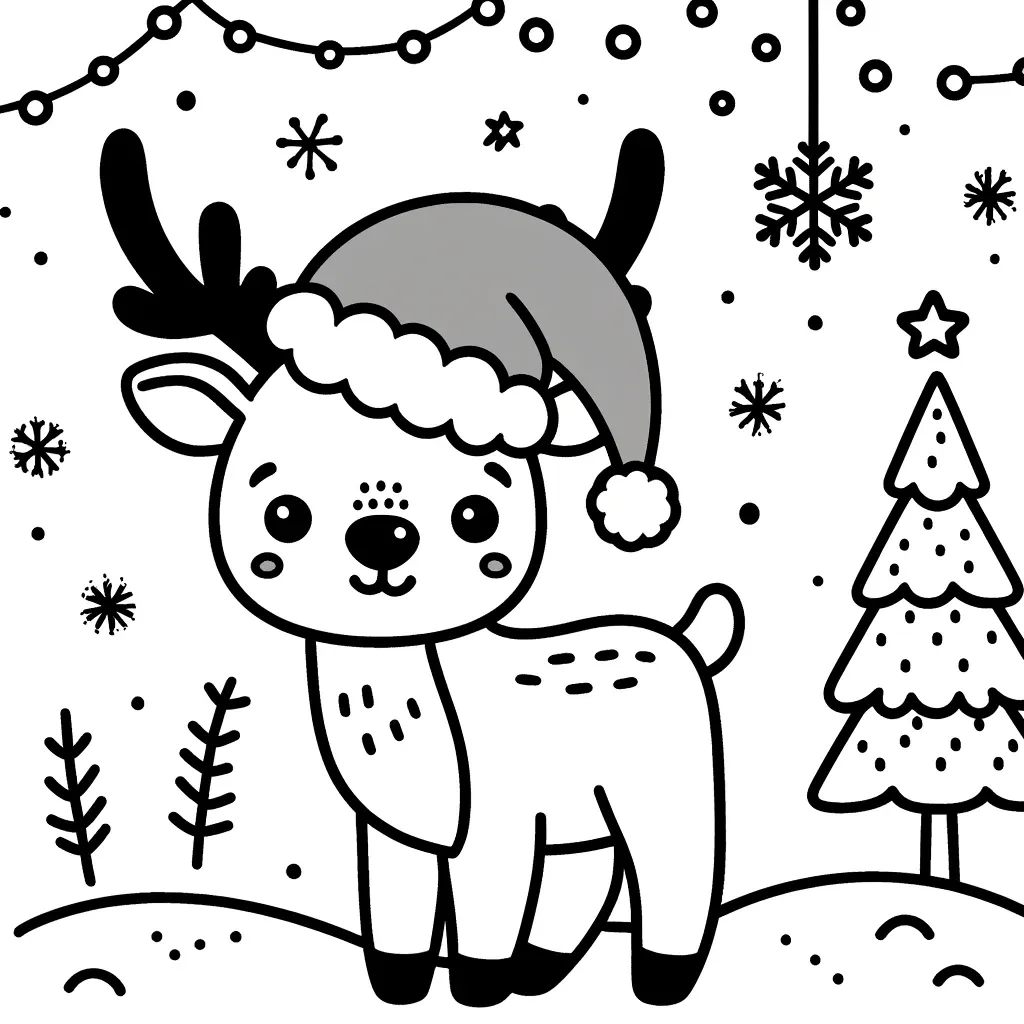 Rentier mit Weihnachtsmütze vor geschmücktem Baum