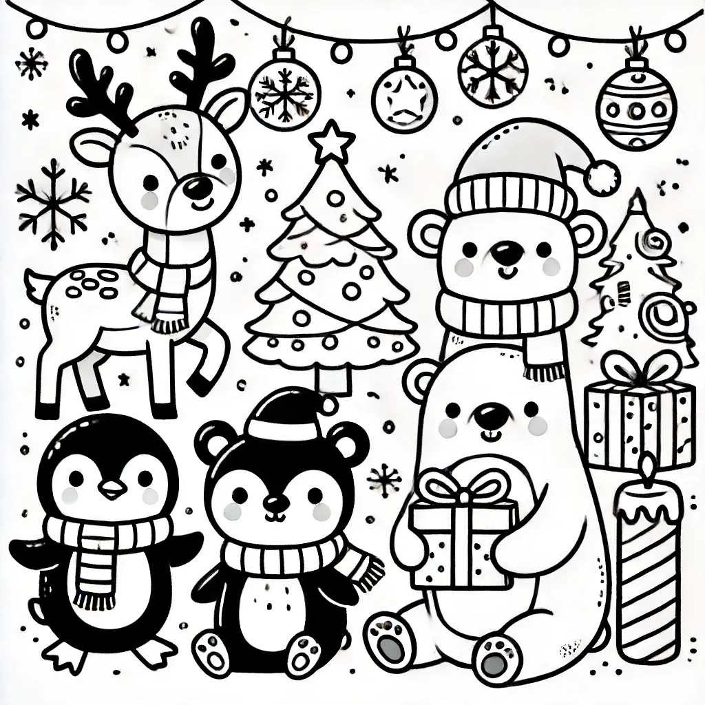 Rentier, Eisbär, Pinguin und Bär mit Geschenken