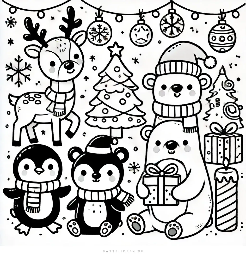 Rentier, Eisbär, Pinguin und Bär mit Geschenken