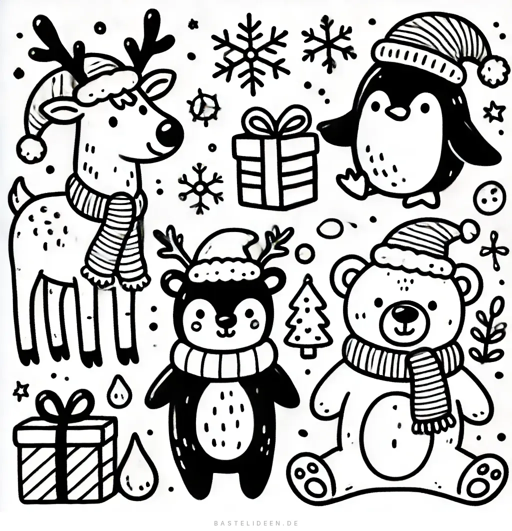 Rentier, Pinguin, Bär und Reh in Winterkleidung