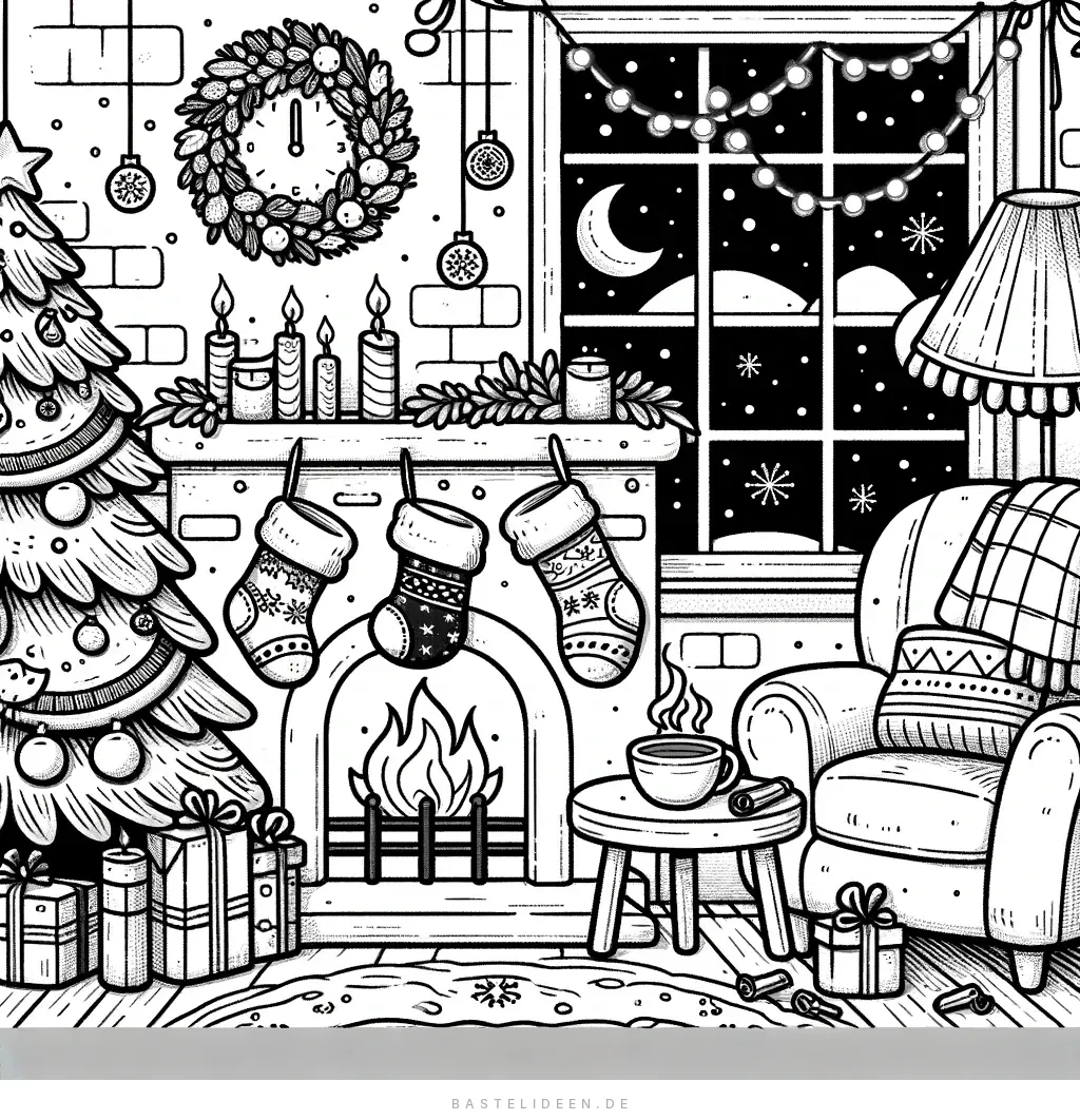 Wohnzimmer mit Kamin, Weihnachtsbaum und Sessel