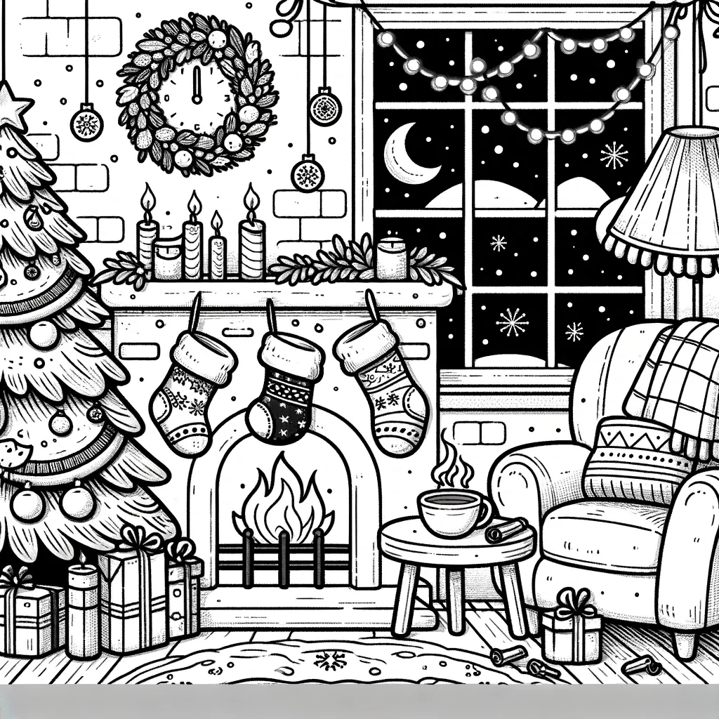 Wohnzimmer mit Kamin, Weihnachtsbaum und Sessel