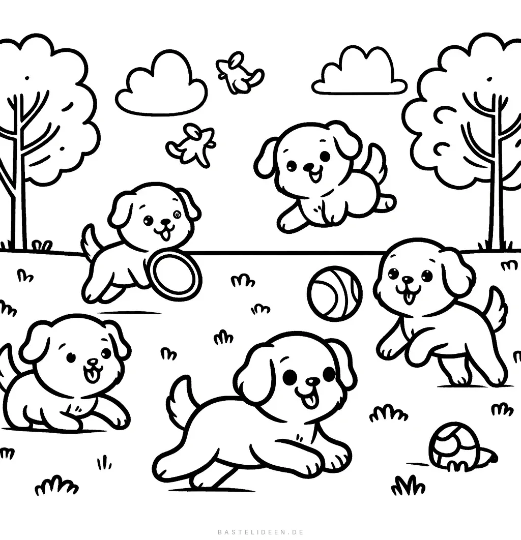 Fünf Welpen spielen mit Bällen im Park