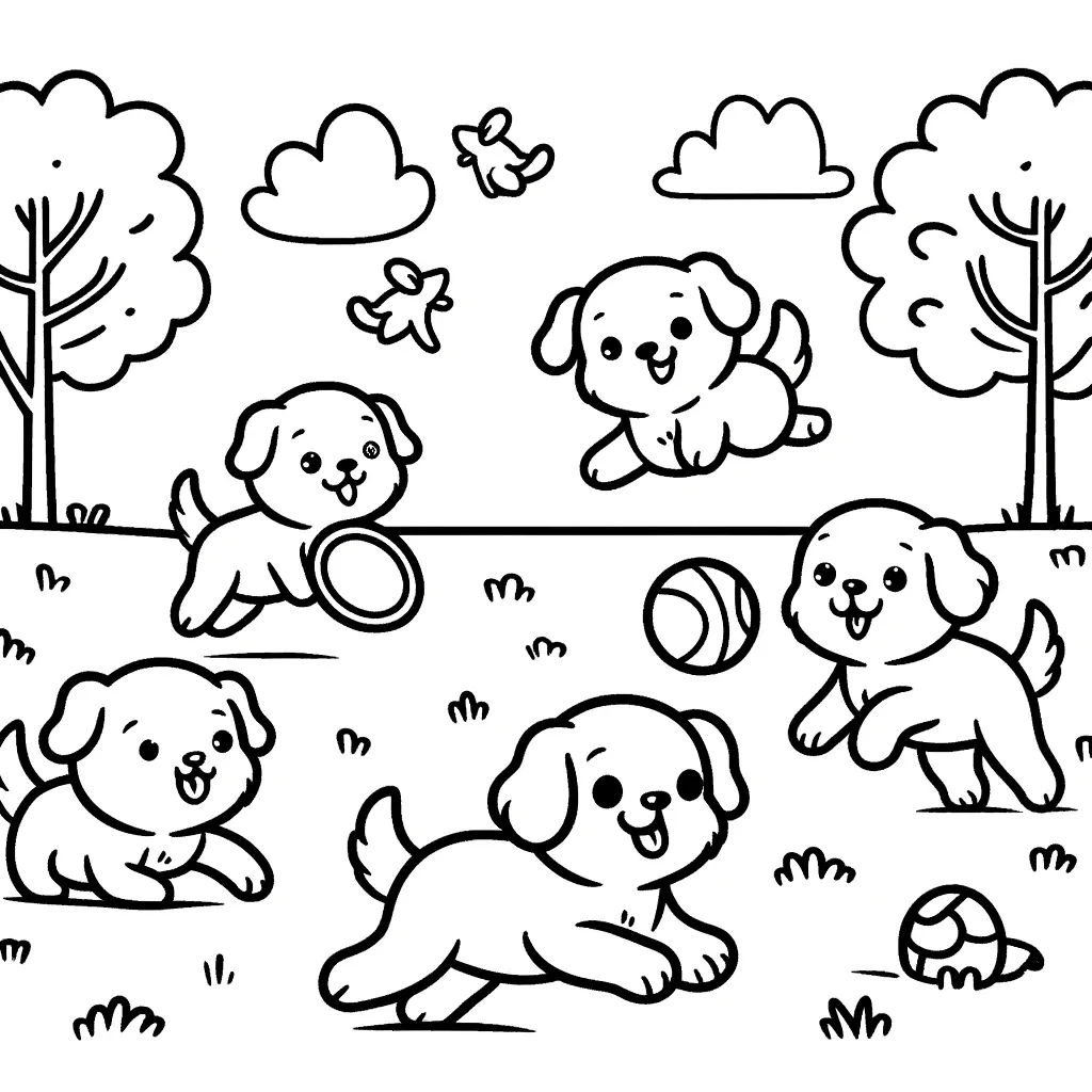 Fünf Welpen spielen mit Baellen im Park