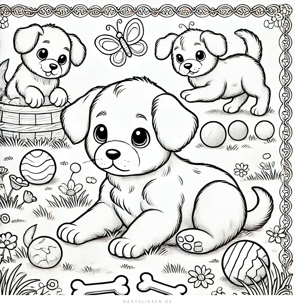 Drei verspielte Welpen mit Spielzeug im Park