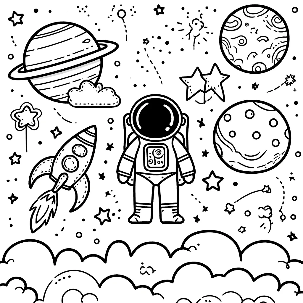 Astronaut auf Wolken mit Rakete, Saturn und Sternen