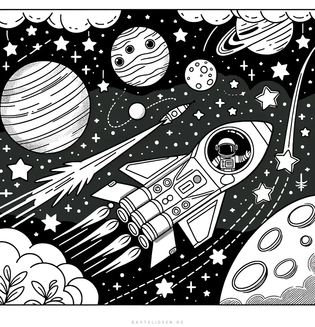 Rakete mit winkendem Astronauten in sternenreicher Galaxie