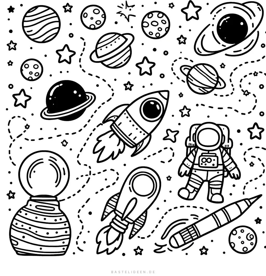 Raketen, UFO und schwebender Astronaut im Weltraum