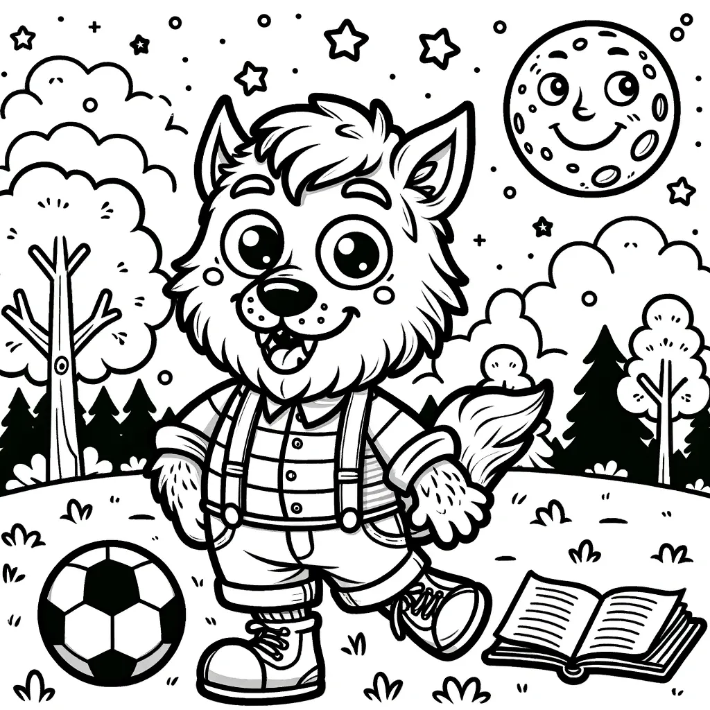 Niedlicher Werwolf in Freizeitkleidung mit Fussball und Buch unter Sternenhimmel