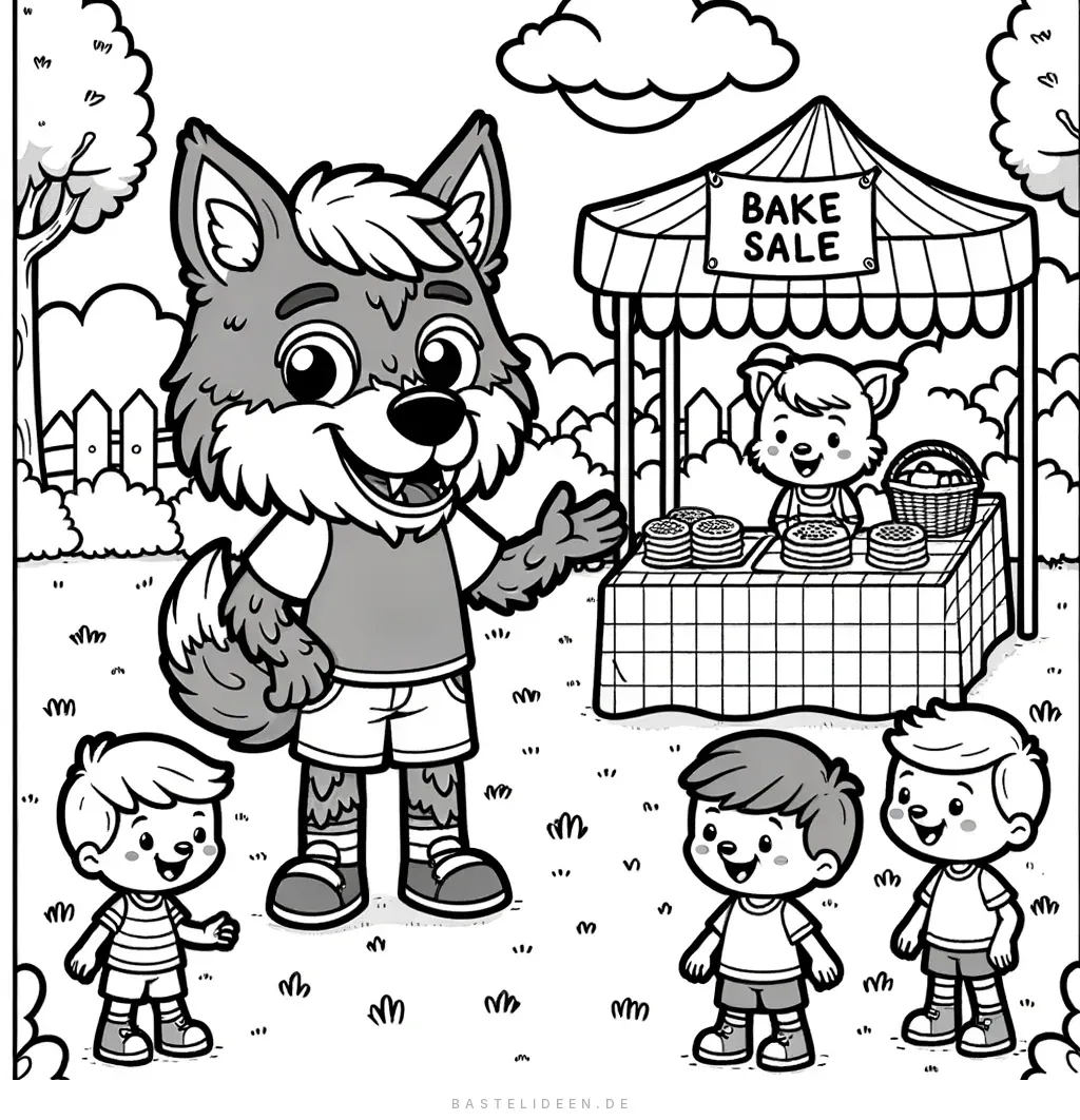 Freundlicher Werwolf bei einem Kuchenverkauf mit Kindern im Park