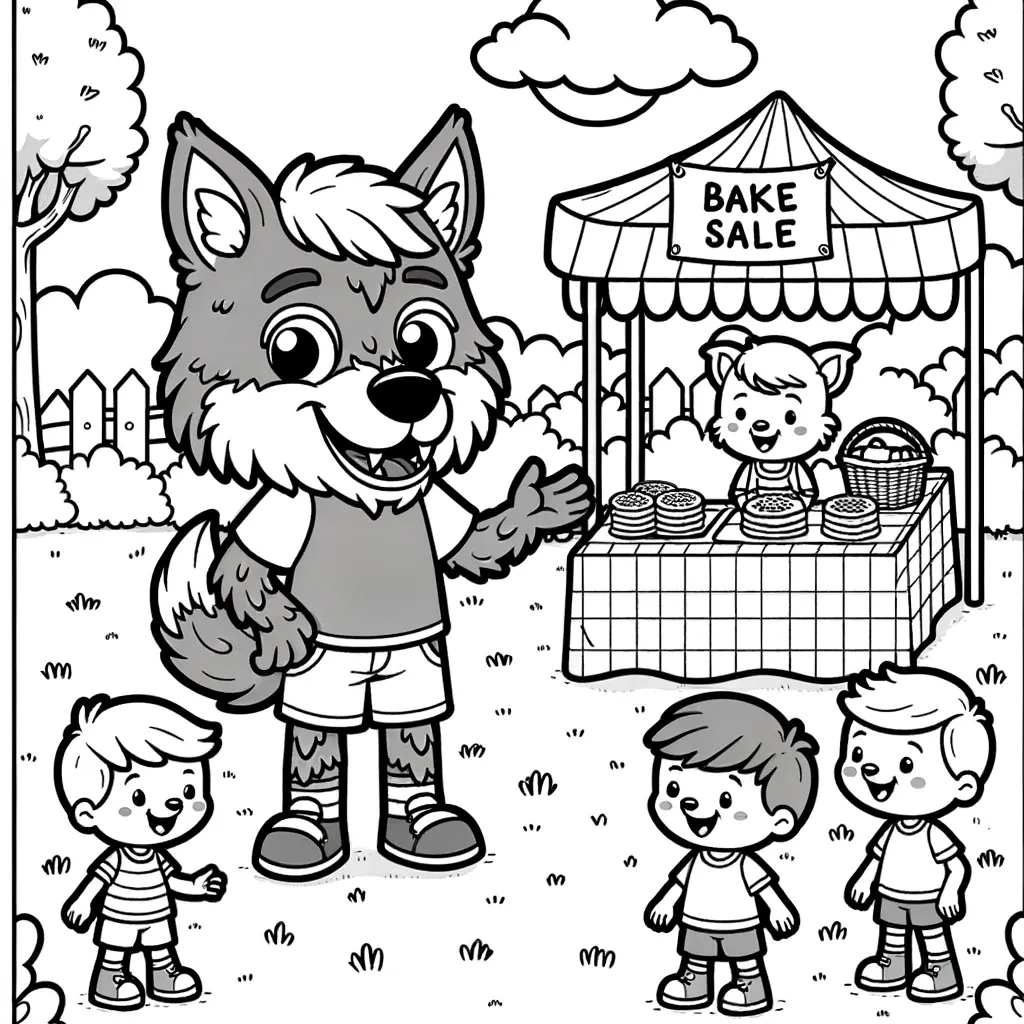 Freundlicher Werwolf bei einem Kuchenverkauf mit Kindern im Park