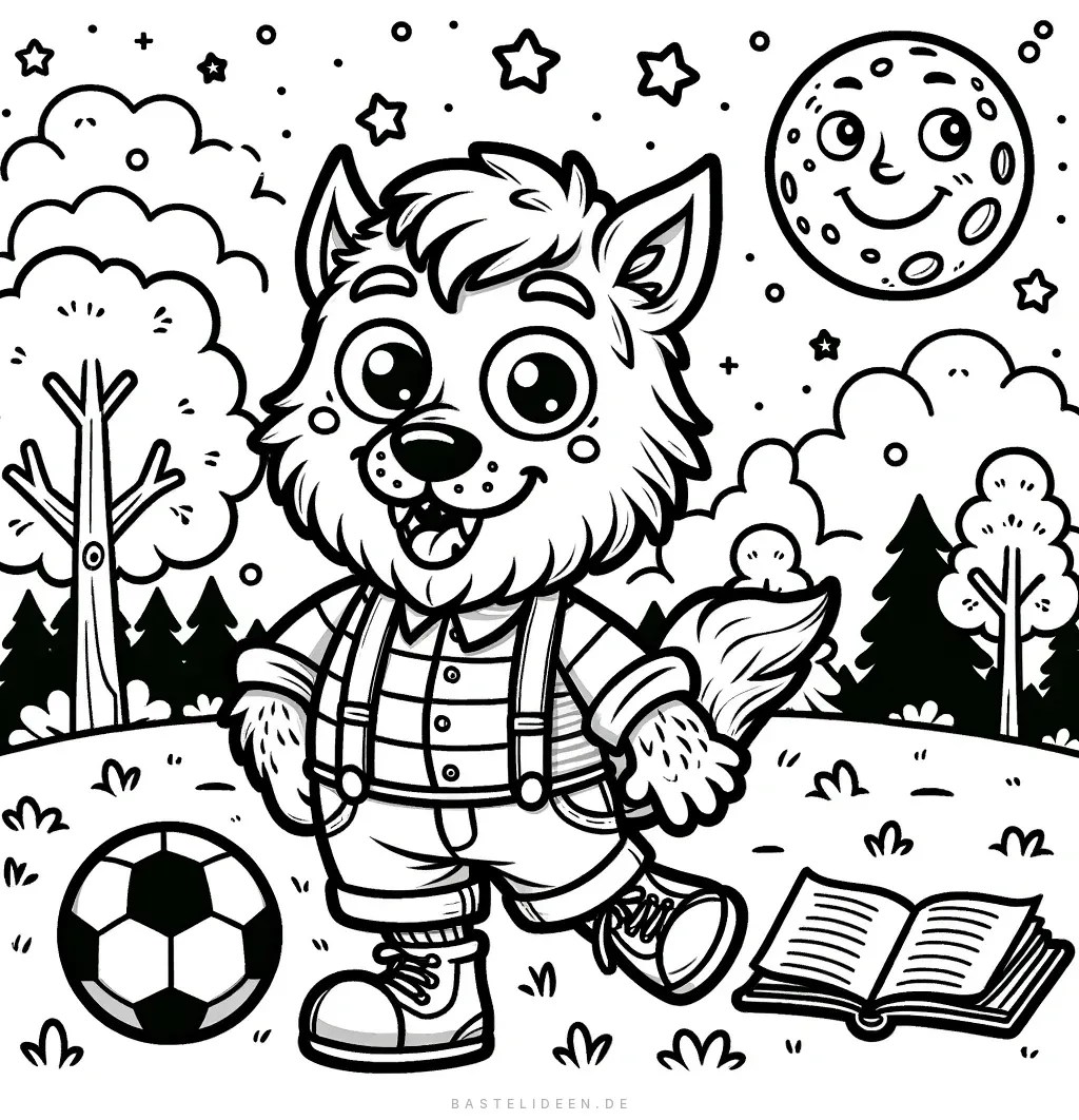 Niedlicher Werwolf in Freizeitkleidung mit Fussball und Buch unter Sternenhimmel