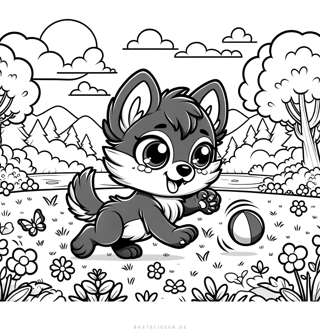 Niedlicher Werwolf-Welpe spielt mit Ball in einer Blumenwiese