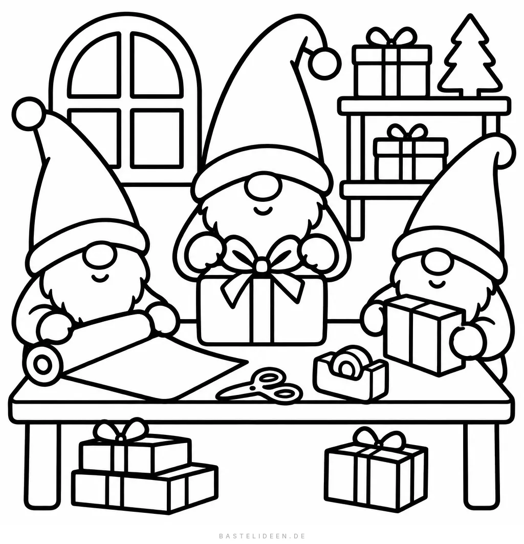 Drei Wichtel packen Geschenke am Tisch in einer Werkstatt