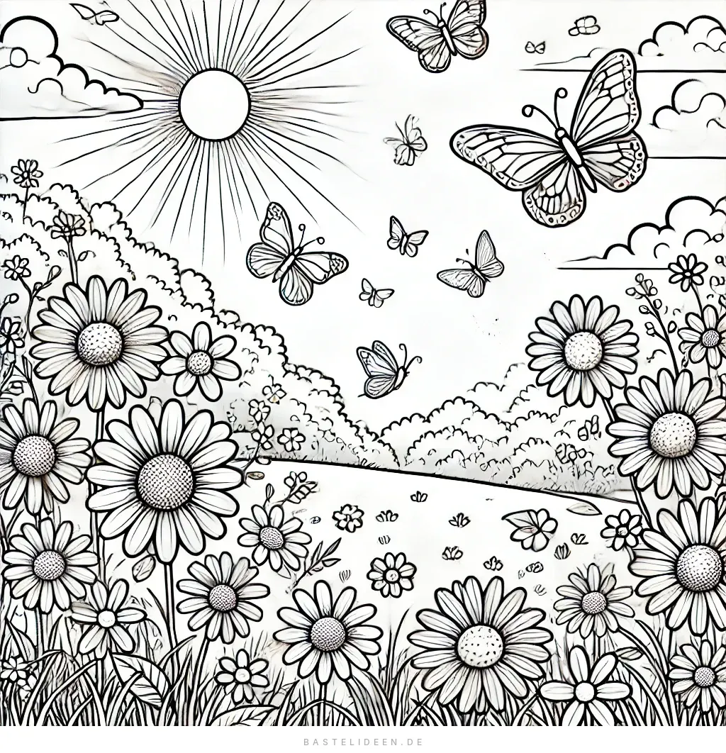 Sonnige Wiese mit blühenden Blumen und Schmetterlingen