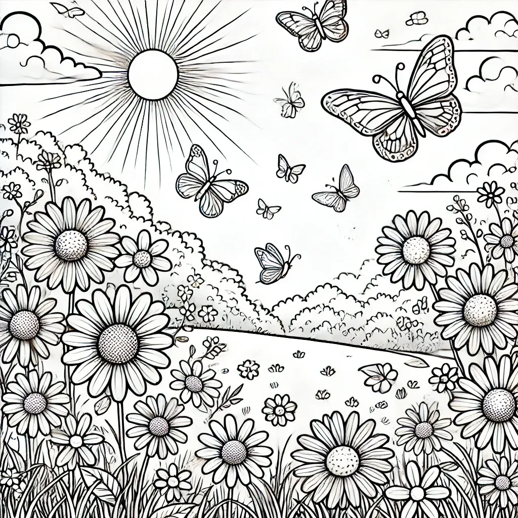 Sonnige Wiese mit blühenden Blumen und Schmetterlingen