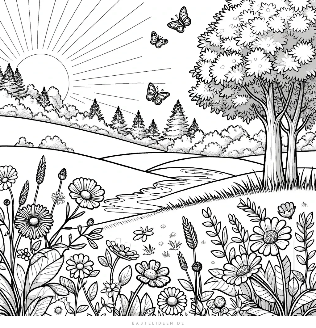 Blühende Wiese mit Bach und Schmetterlingen