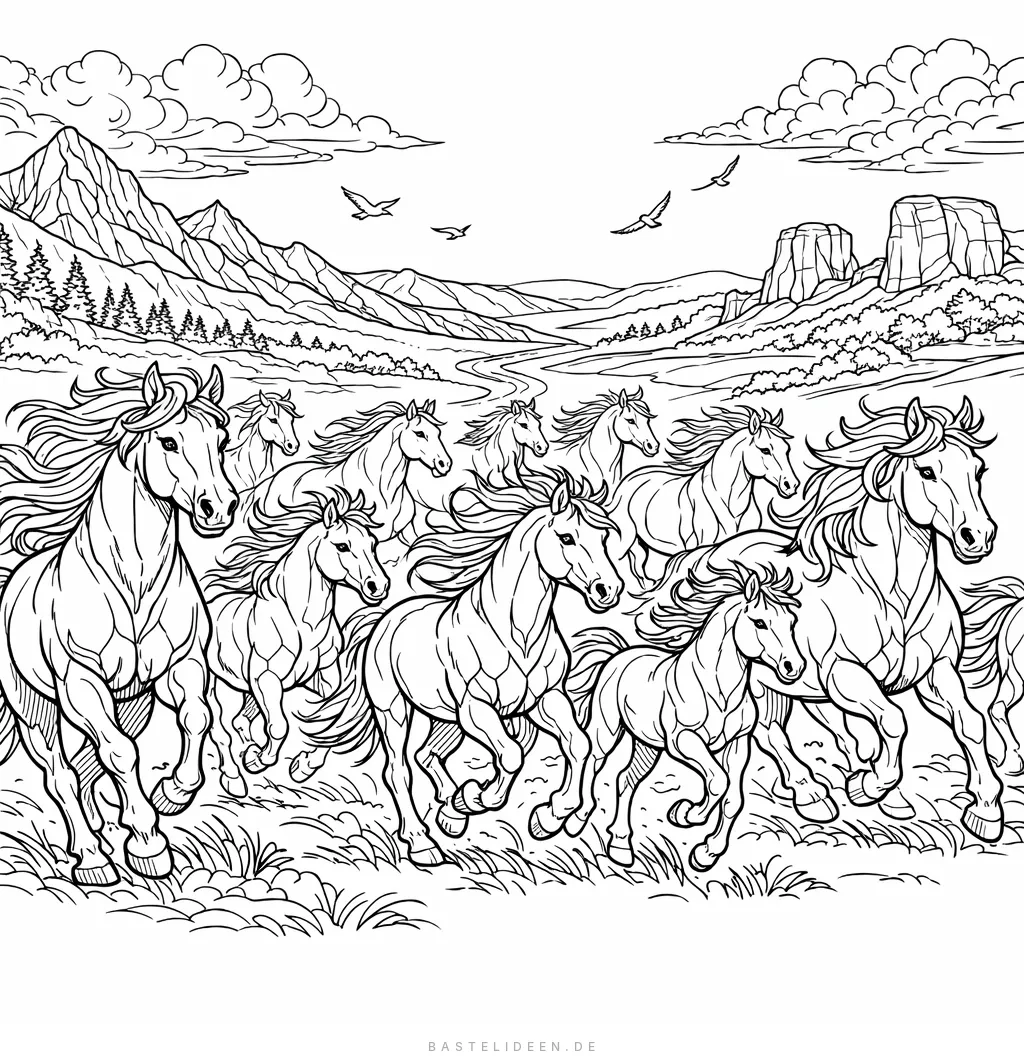 Herde wilder Pferde galoppiert durch weite Landschaft mit Bergen