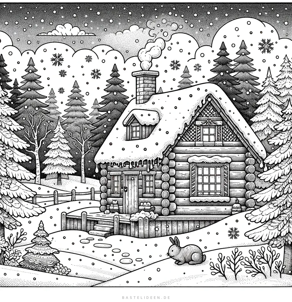 Blockhutte im Schnee umgeben von Tannen