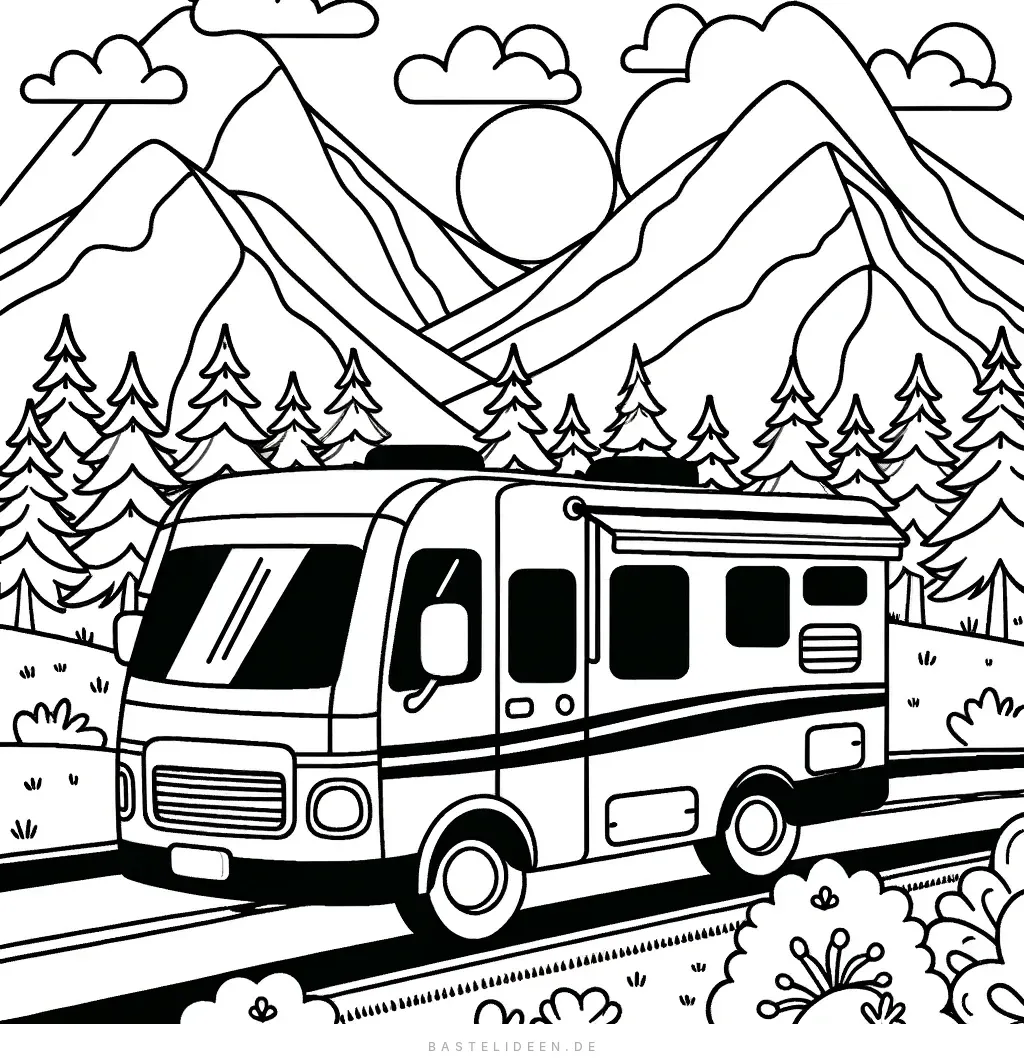 Wohnmobil in Berglandschaft mit Kiefernwald